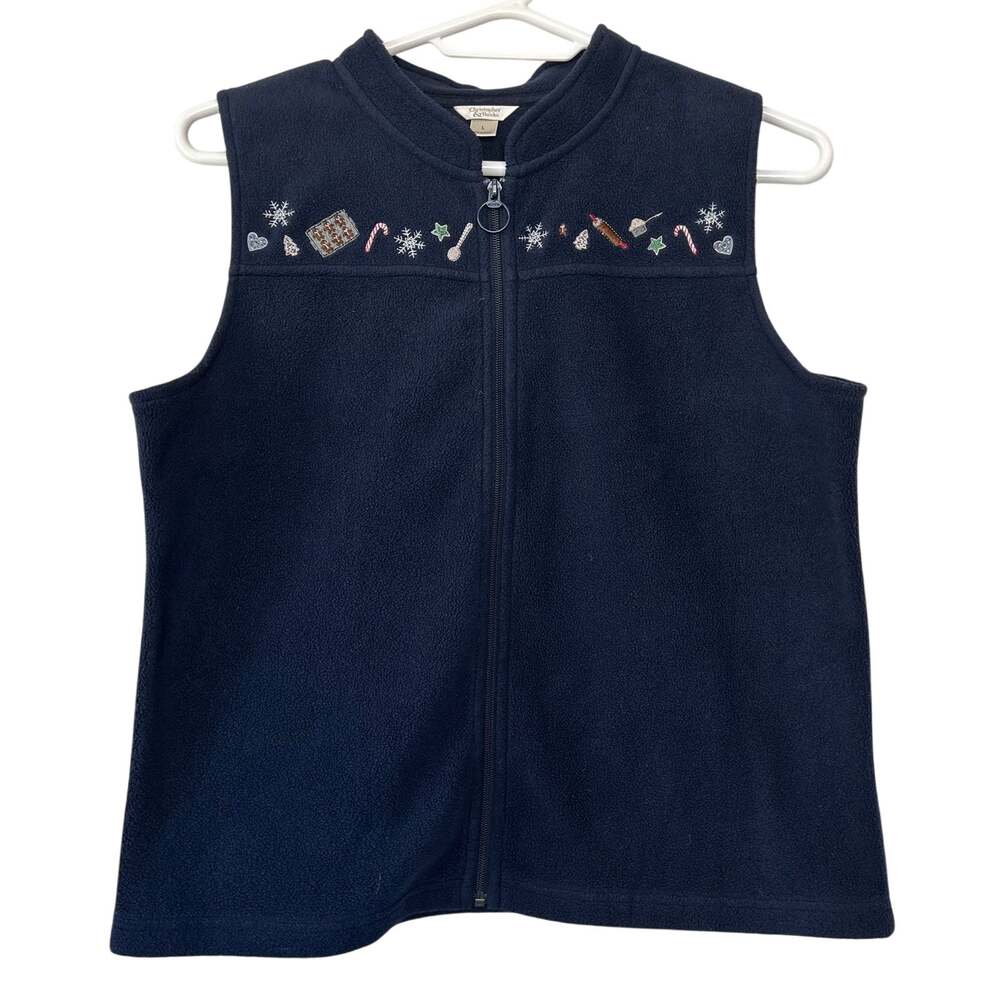 Vintage Christopher & Banks Holiday Embroidered Christmas Fleece Vest  L Y2K